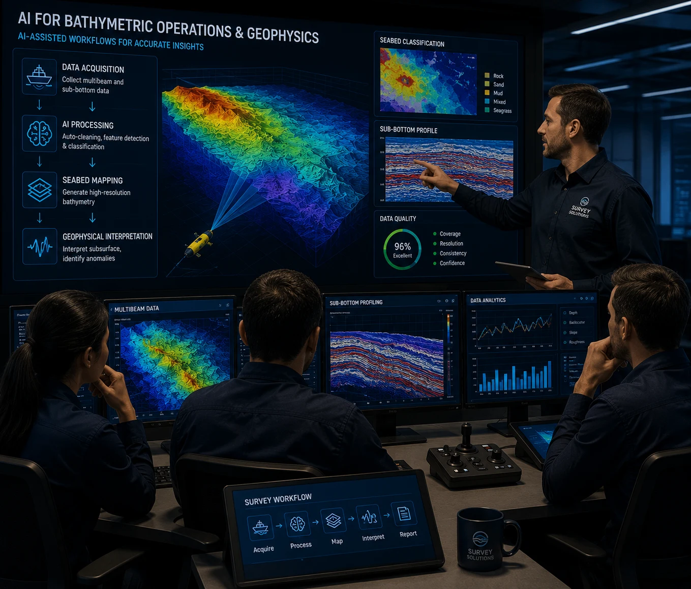 3D seabed mapping visualisation and bathymetric sonar data on an offshore geophysics workstation