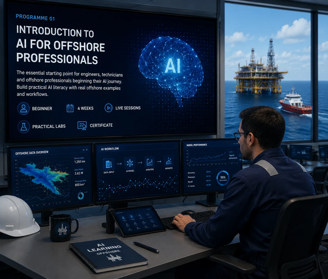Modern offshore digital command centre with marine engineers reviewing AI workflows and vessel tracking interfaces