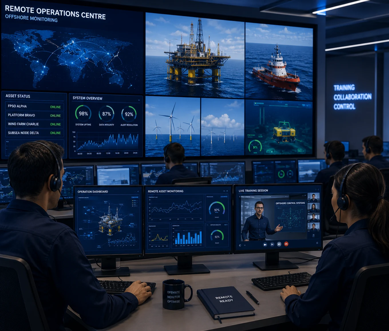 Engineers monitoring autonomous offshore operations, remote assets and digital twin systems