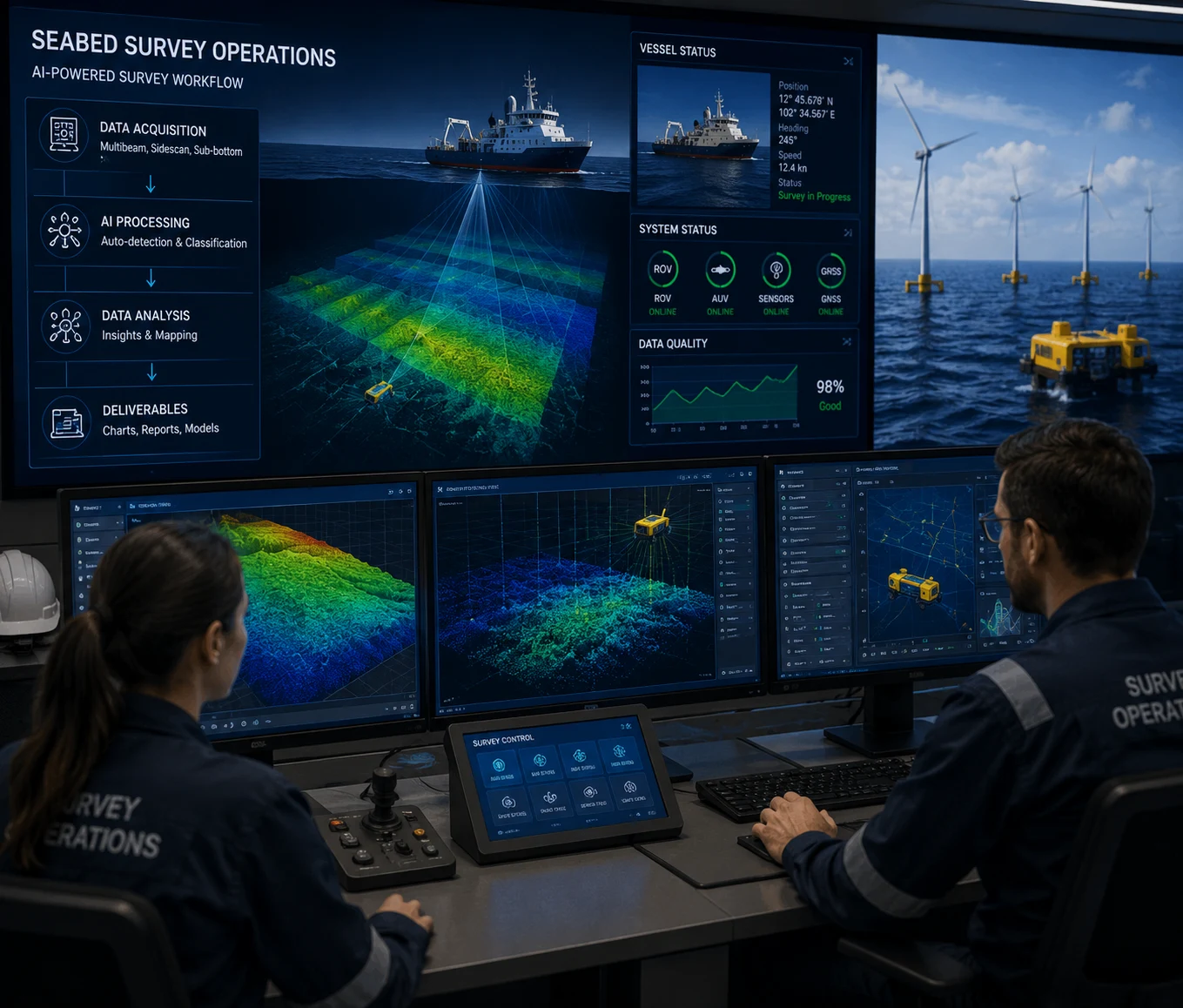 Survey vessel conducting offshore mapping operations with subsea survey equipment